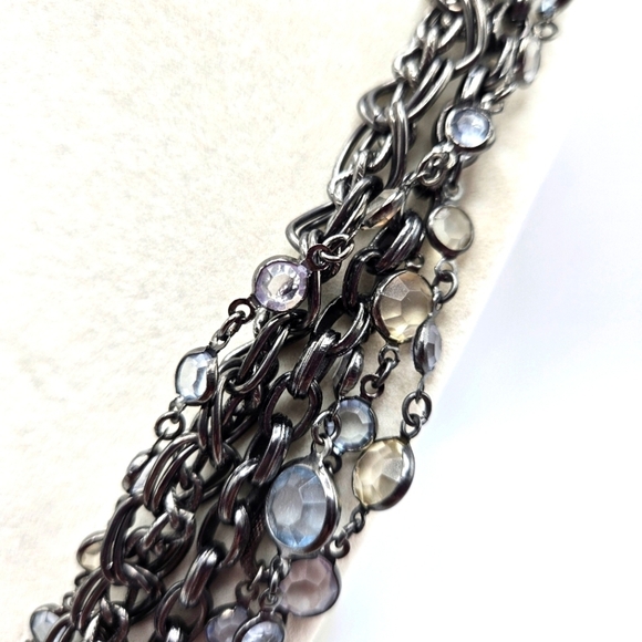 VINTAGE Talbots Gun Metal Multi Strand Chain Clear Stone Beaded Necklace - Picture 3 of 7